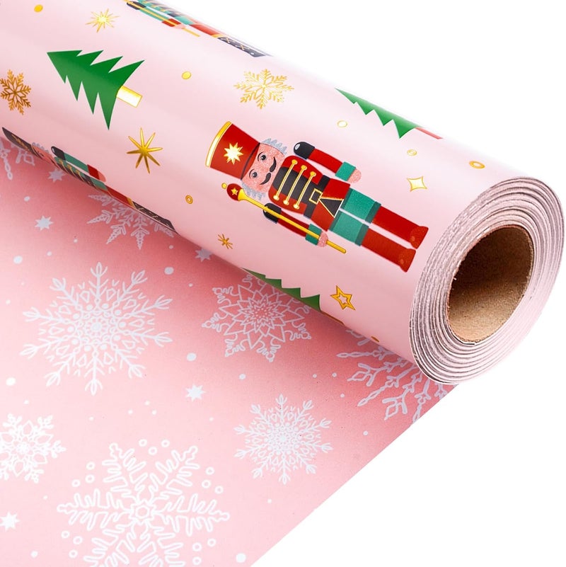 Retrify Nutcracker Christmas Wrapping Paper Roll, 17 Inches x 32.8 Feet Pink Gift Wrap for New Year Holiday, Christmas Tree/Snowflake/Star Design - Image 1